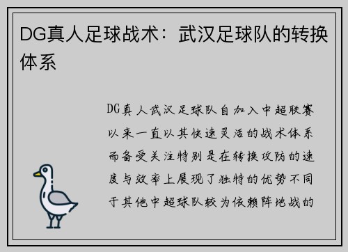 DG真人足球战术：武汉足球队的转换体系
